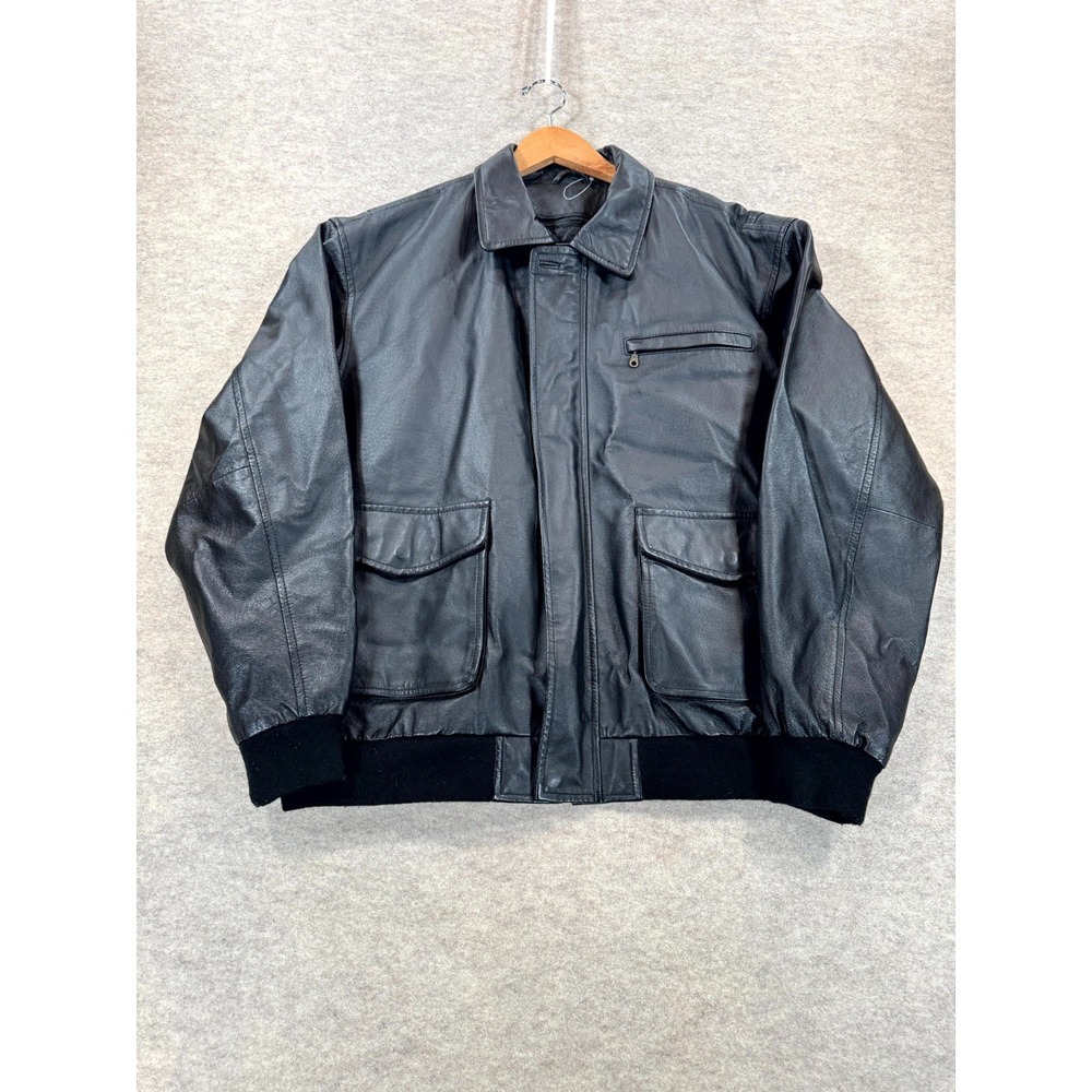 Austin Clothing Co Mens Black Genuine Leather Bomber Jacket Large Quilted Lined